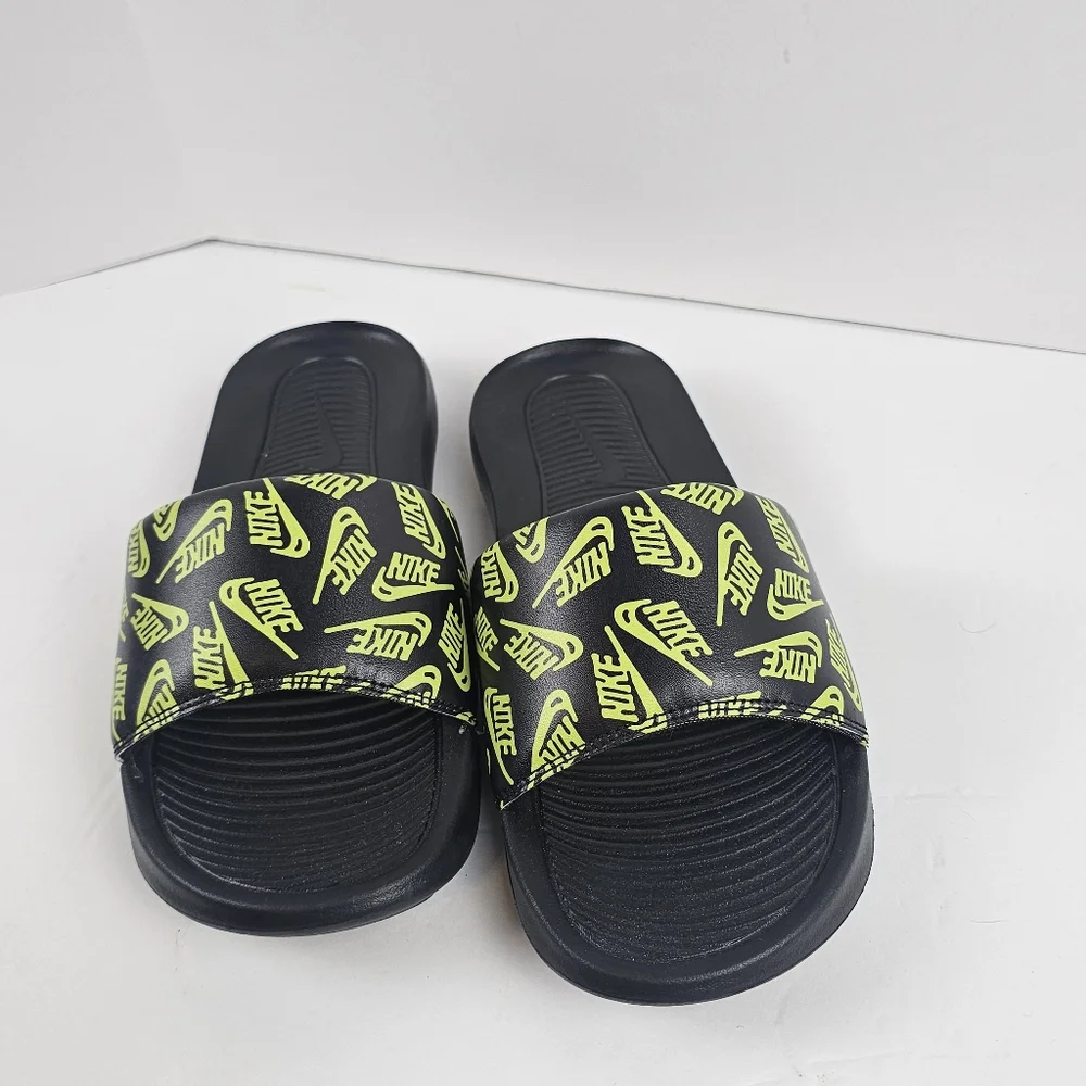 Nike Victori One Black/Neon Green Volt Logo Print Sport Slides Size 8‎ Lounge